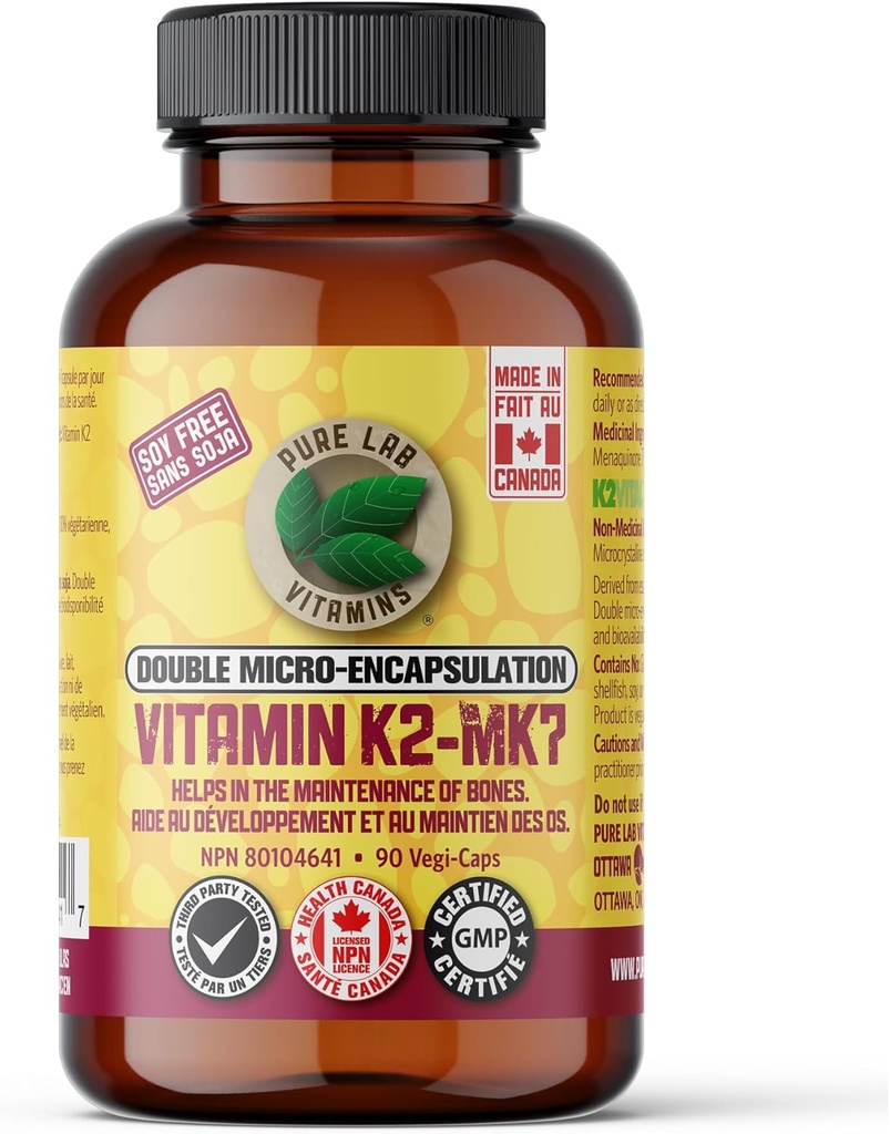 Vitamine pure de laborator K2 MK7, 90 Vegi-Caps Made in Canada