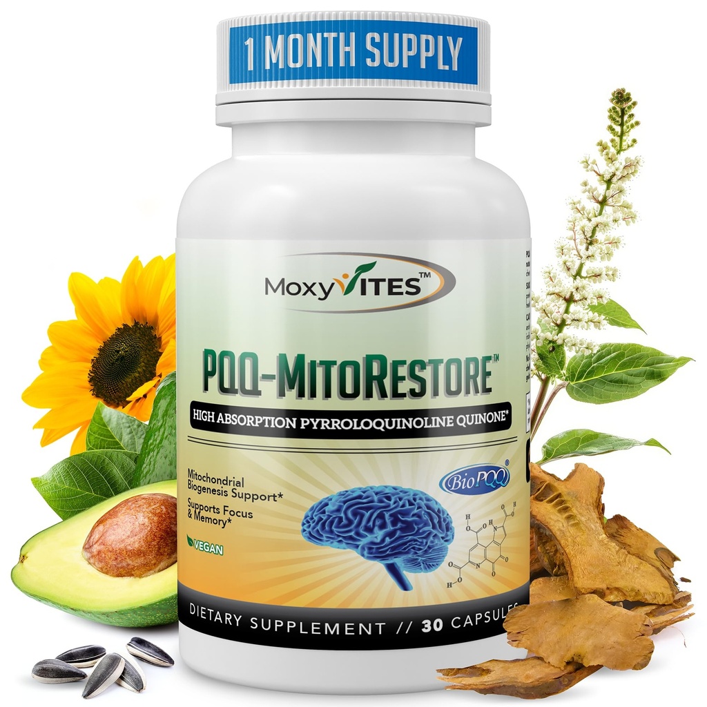 PQQ MITORESTORE Suplimente cerebrale pentru memorie și concentrare - Mitocondrii supliment cu BioPQQ 20mg - forma cea mai pură NU sintetizat chimic, Cognitiv și suport cardiac - 30 capsule Vegan, Non OMG