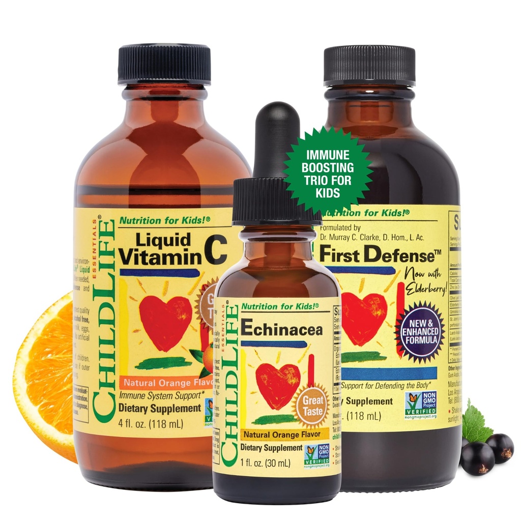 CHILDLIFE ESENȚIALE Suport imun 3-Pachet - Vitamina lichid C, Prima apărare, și echinacea - Suplimente de stimulare imună pentru sugari, copii mici și copii