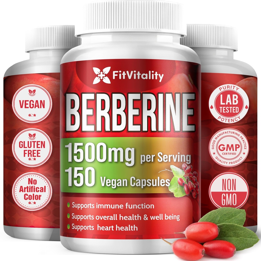 Premium Berberine Supplement, 150 Capsulele de 50 zile Aprovizionare, 1500 mg Berberine Per Serving, Berberine HCI, Made din 100% ingrediente pure & naturale, Non-GMO, Gluten-Free.