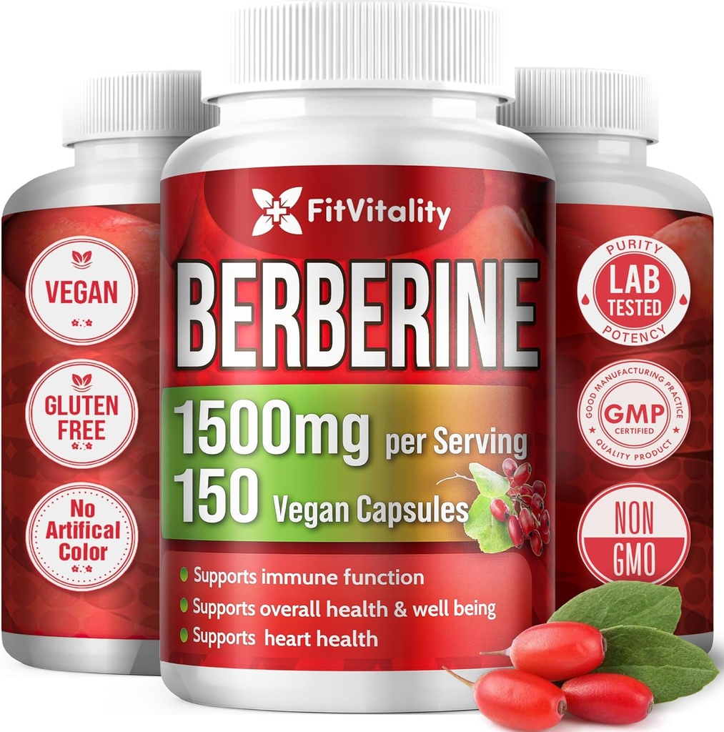 Premium Berberine Supplement, 150 Capsulele de 50 zile Aprovizionare, 1500 mg Berberine Per Serving, Berberine HCI, Made din 100% ingrediente pure & naturale, Non-GMO, Gluten-Free.