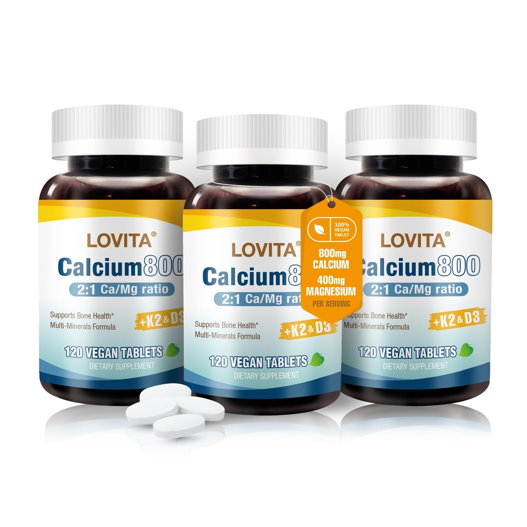 Lovita Calciu Citrate 800 mg cu magneziu, vitamina D3 & K2, Os Putere & Densitate Supliment pentru femei si barbati, Sprijina Dinti, Immune Health, Gluten gratuit, non-GMO, 360 comprimate Vegan