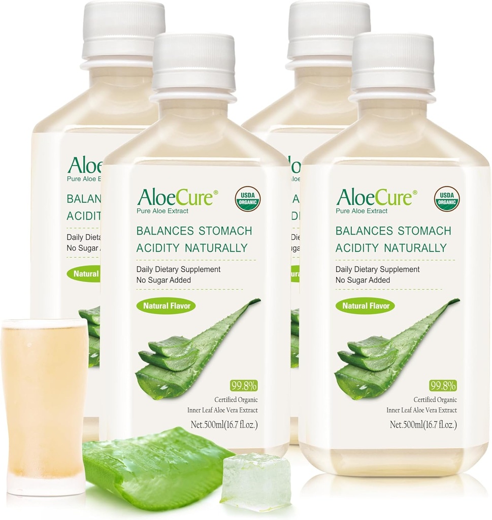 AloeCure USDA Organic Aloe Vera Juice Made In cadrul 12 Hrs de recoltare - Pur Aloe suc natural Digestive Supliment pentru a sprijini Digestia, Sistemul imunitar și Aciditatea stomacului echilibrat, 4 x 500ml sticle