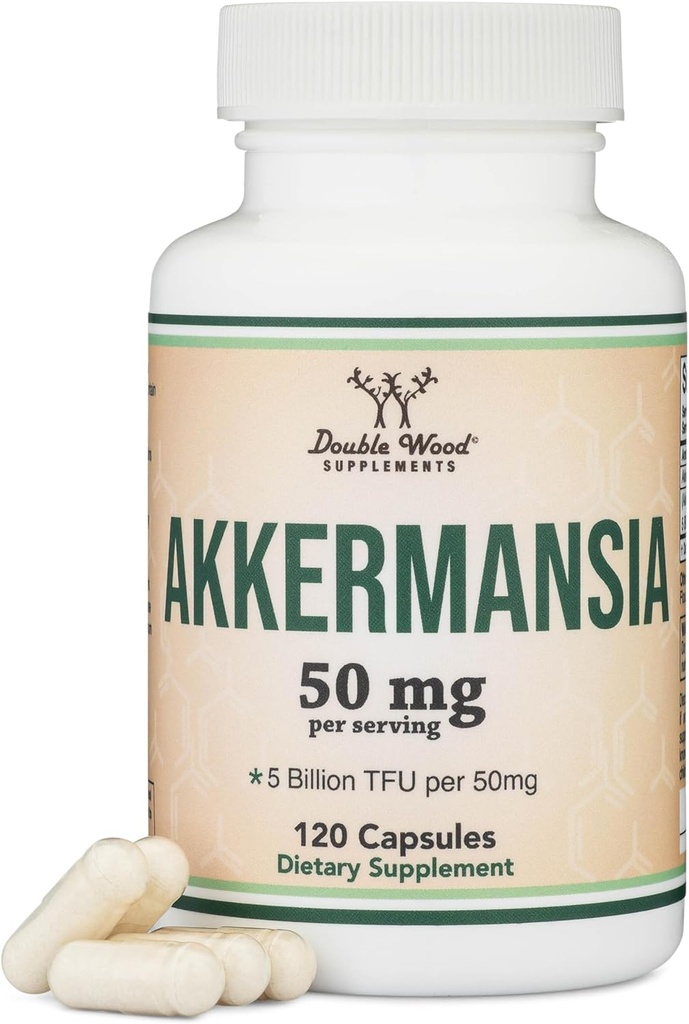 Akkermansia Probiotic și Postbiotic (Crește producția de GLP-1) 120 capsule, 50 mg per Serving (A treia parte testat la 5 miliarde TFU per Serving, 50 miliarde CFU per gram) de lemn dublu