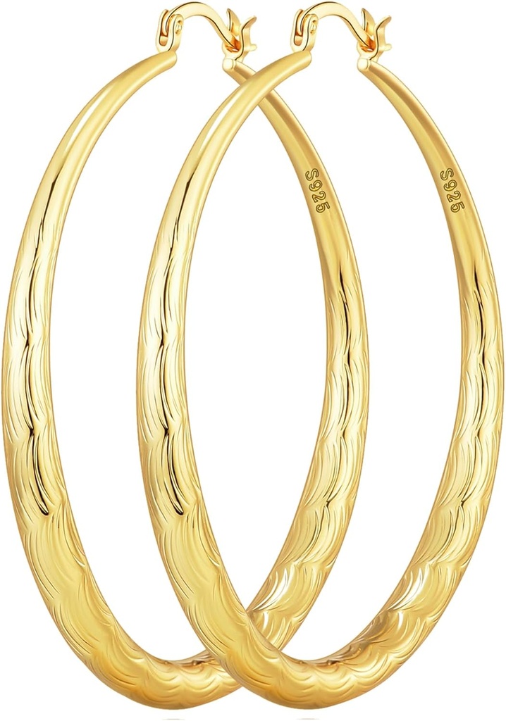 OOOPEL 925 Sterling Silver Hoop pentru femei cercei Gold Hoop Hypoallergenic Diamond-Cut Ripples Proiectat - cercei Hoop non-tarnish mare Hoop (330/40/50/60/70mm)