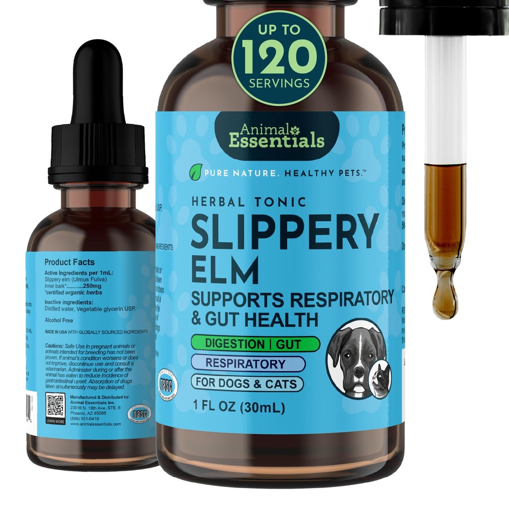 Animal Essentials Slippery Elm - Slippery Elm Bark Anti Diaree picături pentru câini și pisici, Extract de plante organice pentru guta sanatoasa, Digestive & Throat Support, Ajuta la reflux acid, lichid Formula- 1 fl oz