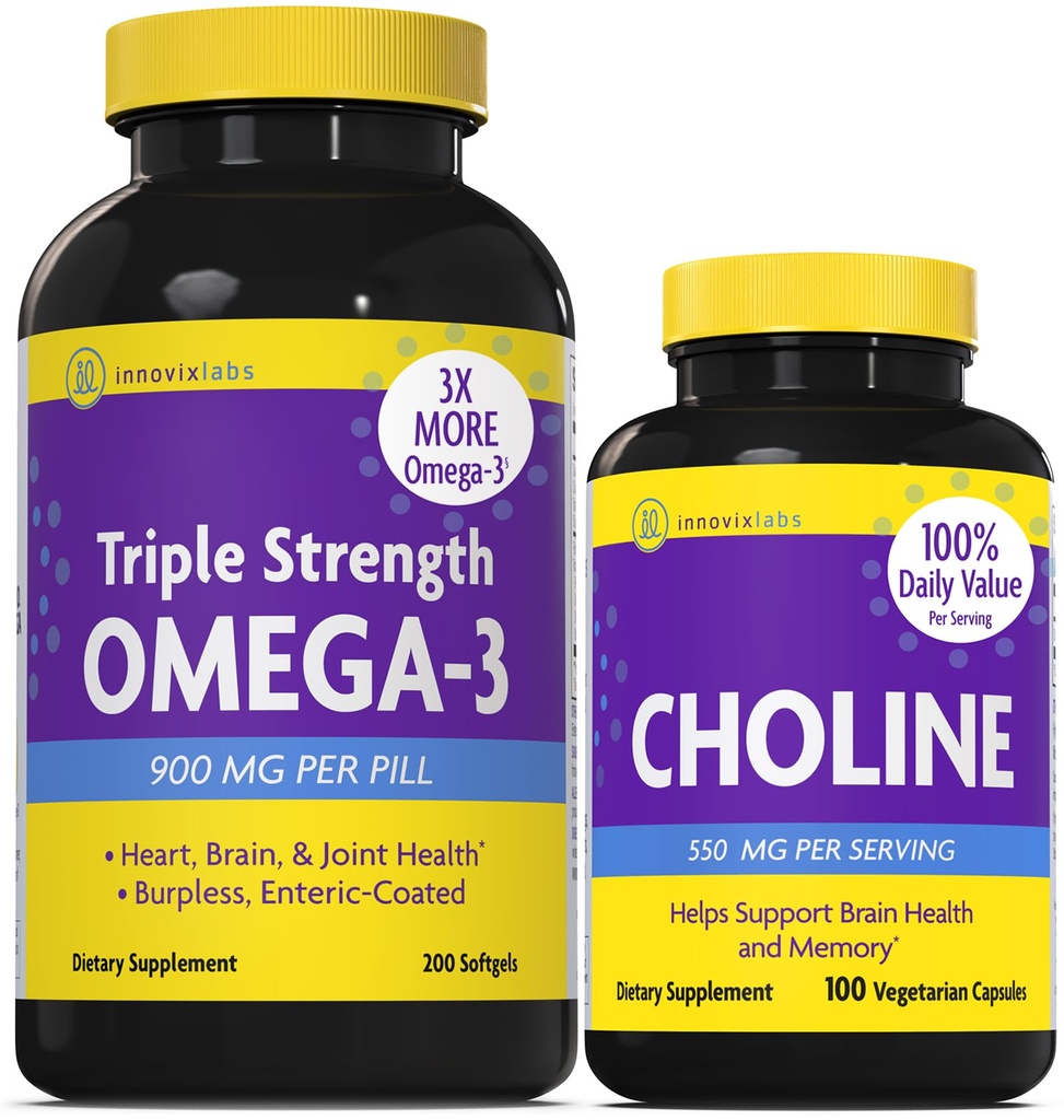InnovixLabs Choline & Triple Omega-3 Bundle Choline Bitartrat 550 mg (100 capsule) Omega (200 Softgels). Suportă Memorie, Mood, Brain Health & Boost Cognitive.*