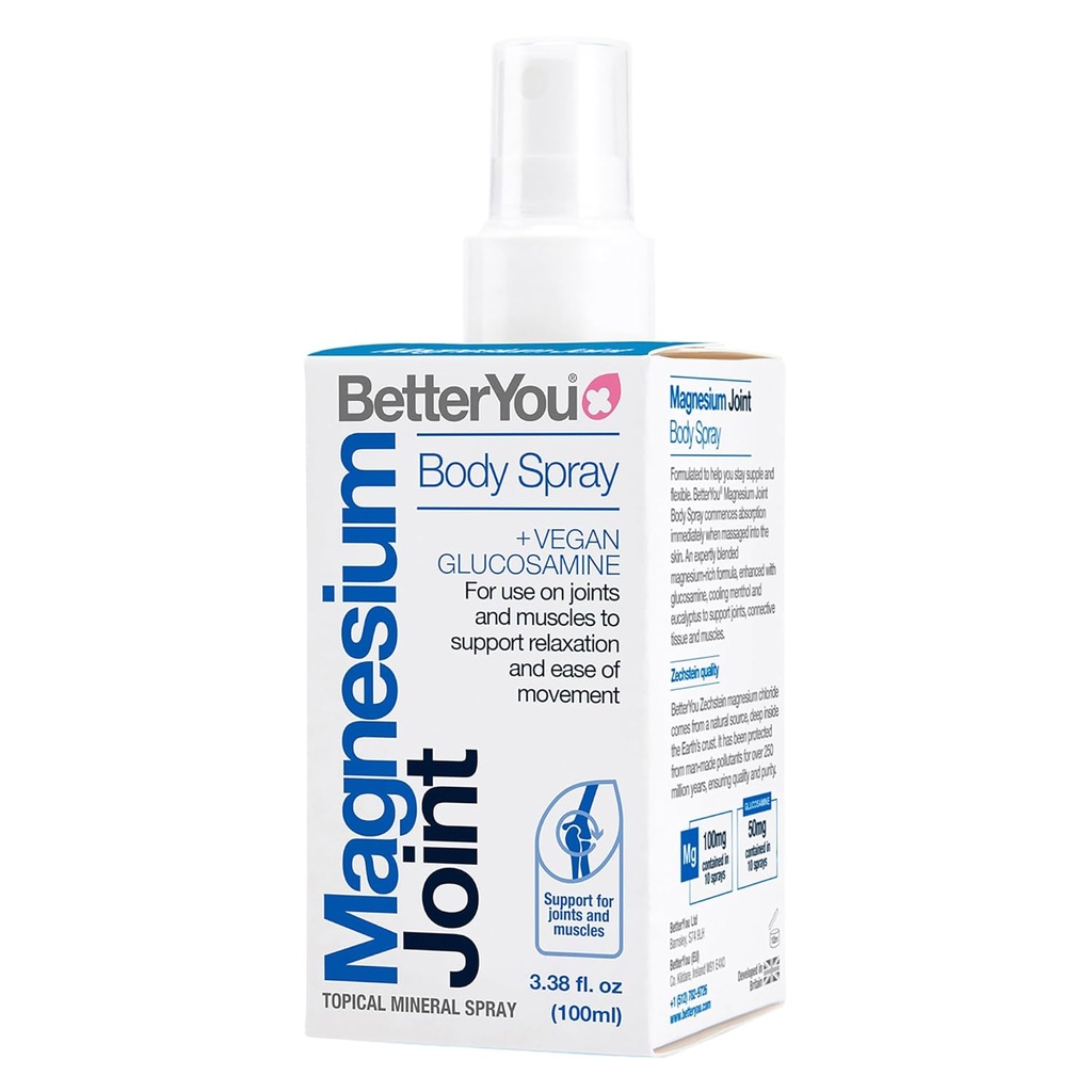 BetterYou Spray pentru corp comun de magneziu - Spray de relief muscular - Clorura de magneziu topică și glucosamină - Mentol de răcire și Eucalipt - 3.38 oz