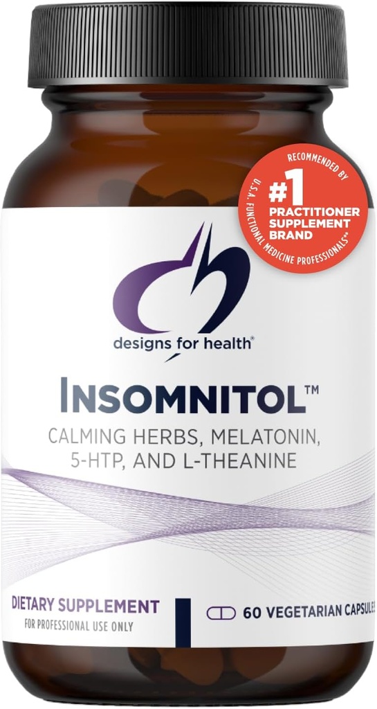 Design-uri pentru sănătate Capsule insomnitol - Ajutor de somn pentru adulți cu Melatonina, L-Theanină + 5-HTP - Calmant Herbs Valerian, Lemon Balm + Passionflower - Supliment de somn Vegan + non-GMO (60 capsule)
