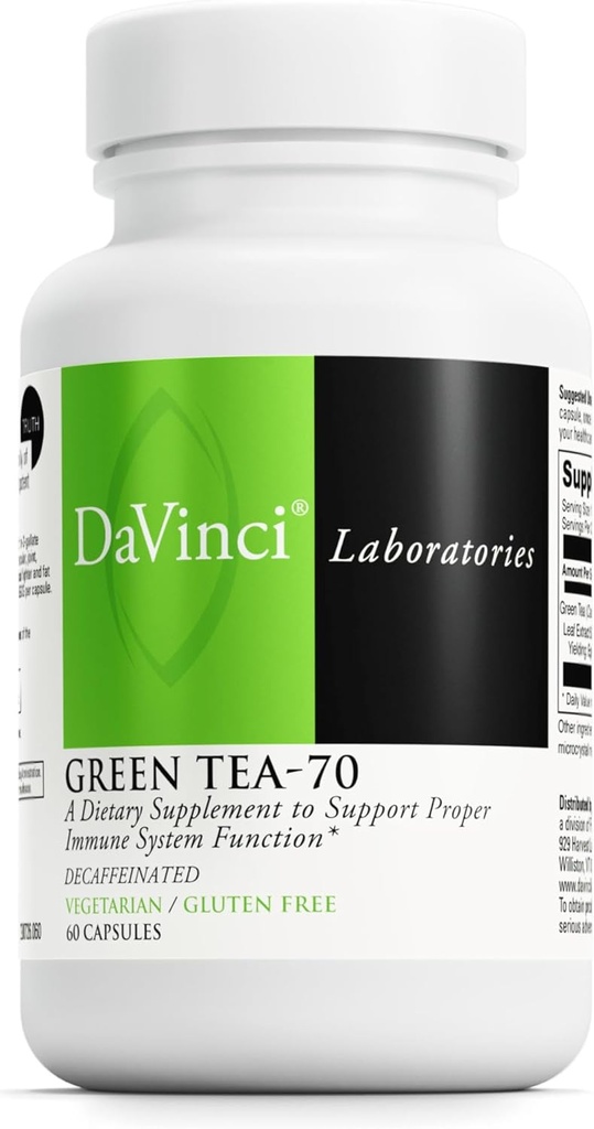 DaVinci Labs Ceai verde-70 - Supliment alimentar pentru a sprijini sistemul imunitar, sanatatea cardiovasculara si Cholesterol - cu extract de ceai verde - Decofeinat - capsule gluten-free - 60 vegetariene