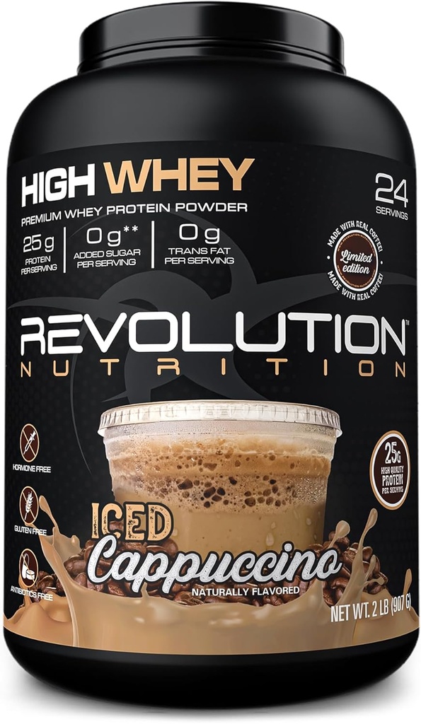 Nutriţie revoluţionară, Whey ridicat, Pulbere de proteine 2LB, Whey Izolat, Gluten gratuit, Lean Mass musculare pentru bărbaţi şi femei, 25g de proteine per scoop, 908 g, 24 Serviri (Iced Cappuccino, 2 Pound)