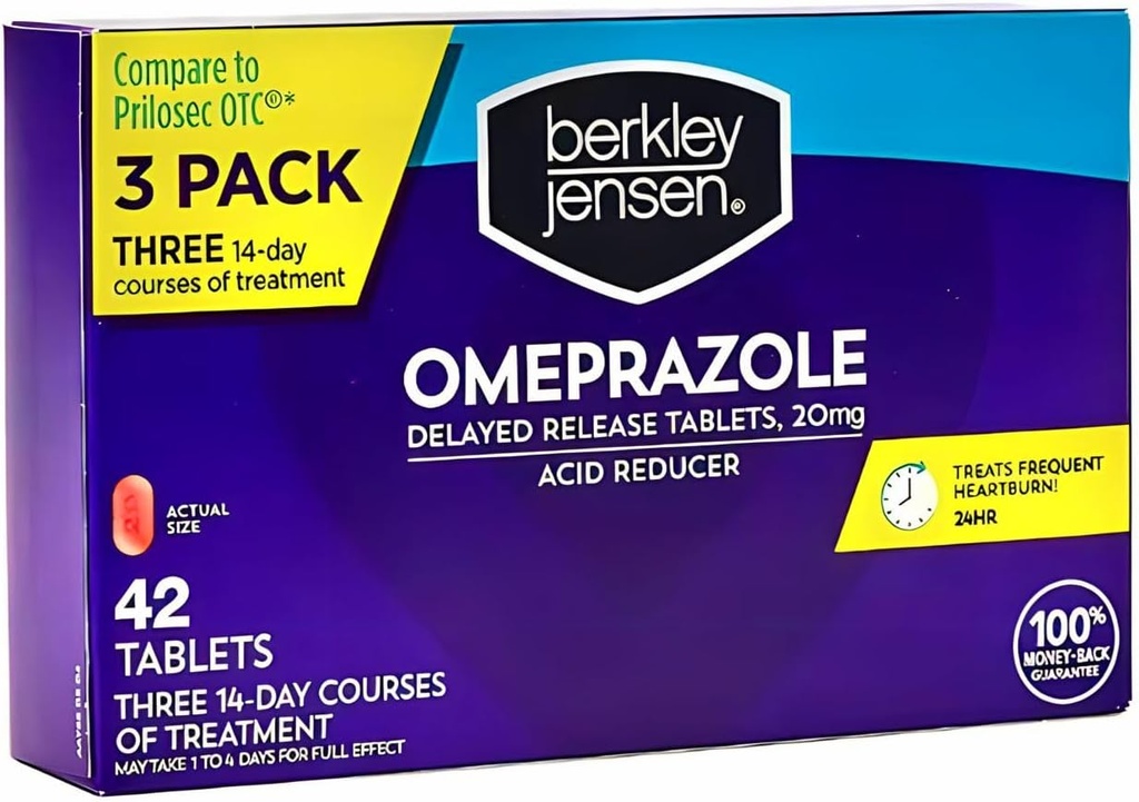 Berkley Jensen Omeprazole 20 mg comprimate cu eliberare întârziată - Pastile de Reducere a Acidului - Tratamentul arsurilor frecvente - 3 x 14 zile Cursuri, 42 Număr total (Pachet de 1)