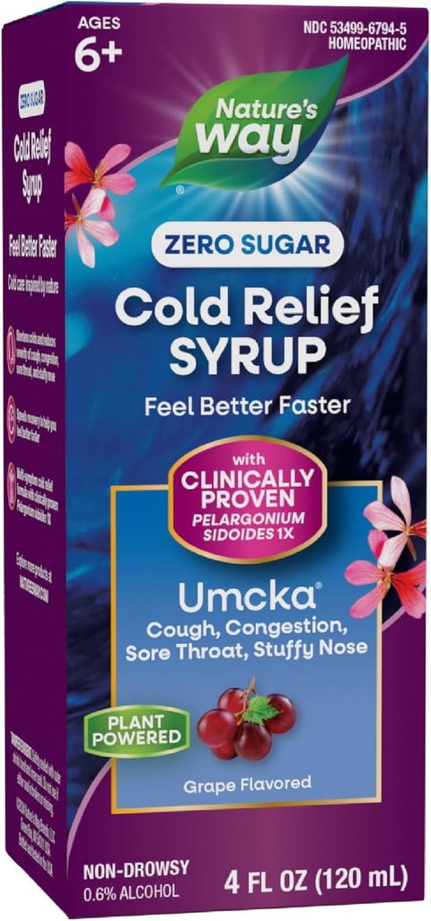 Natura's Way Cold Relief Zero Sugar Syrup, Umcka, Homeopatic, Shortens Colds, Sore Throat, Tuse, Congestion, și Stuffy Nose, Fenilephrine Free, Grape Flavored, 4 Fl Oz (Packaging May Vary)