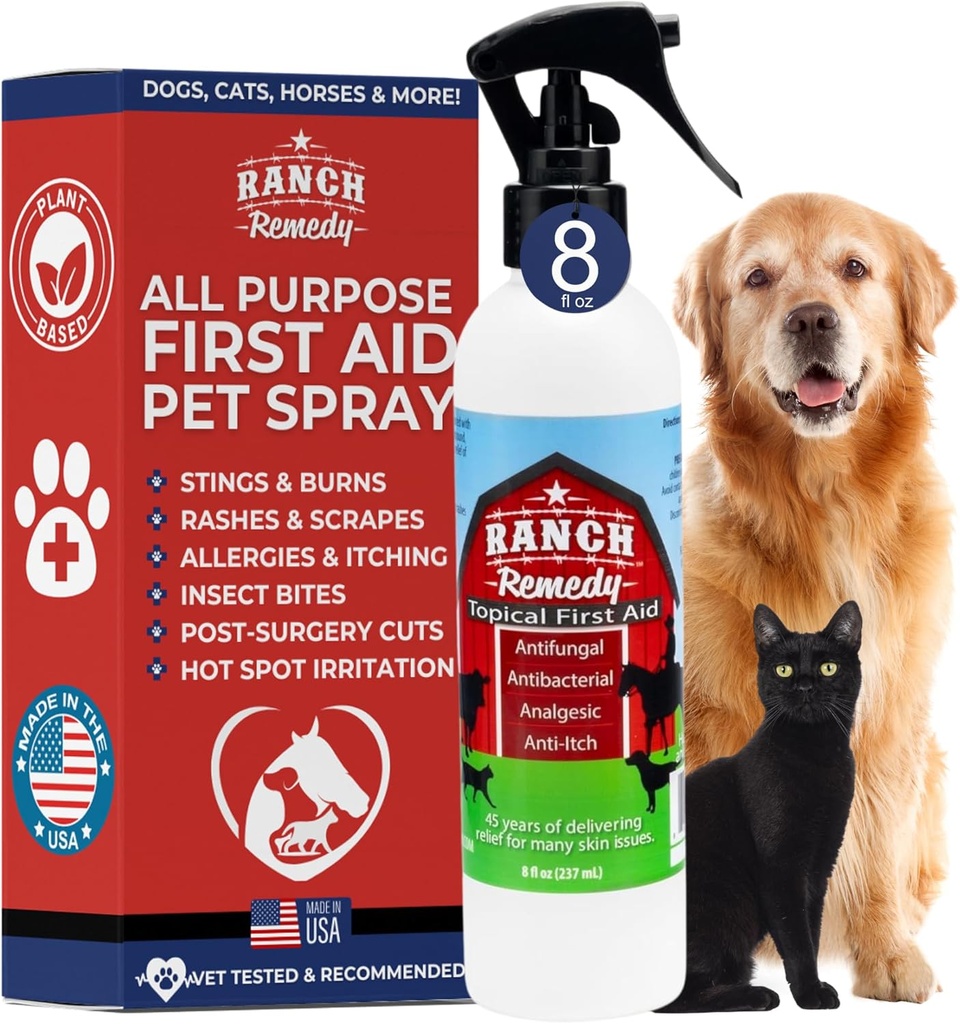 Ajutor pentru vindecarea rănilor & Itch Relief Spray pentru câini, pisici, cai, în condiții de siguranță pentru toate animalele - toate naturale - Erupții cutanate, biți, Burns & la fața locului tratament - Iritație cutanată și alergii soluție (8oz)