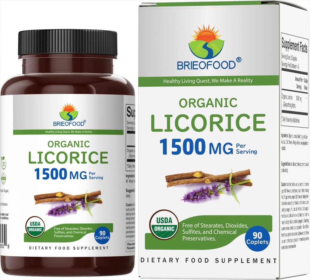 Brieofood Organic Licorice 1500mg, 45 Serviri, Vegetarian, Gluten Free, 90 comprimate vegetariene