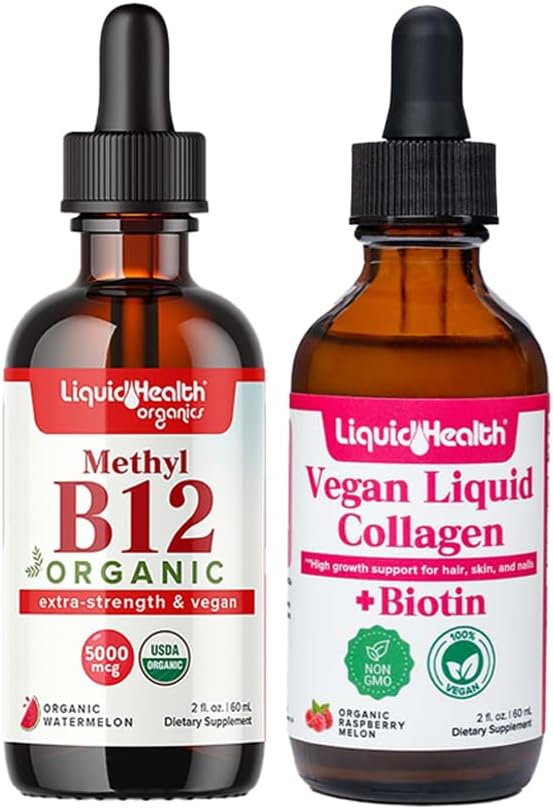 LIQUIDHEALTH Metil organic B12 5000mcg Vitamine picături cu tartă suc de cireşe & 100% Vegan plante-Based Colagen Plus Biotin picături - Natural Energy Boost, Îmbunătățițiți concentrarea, păr și unghii creștere, Skin Health