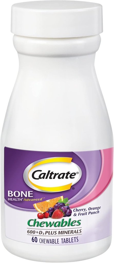 Caltrat Chembables 600 Plus D3 Plus Minerale Vitamina de calciu D Supliment, Cherry, Orange și fructe Punch - 60 Conte