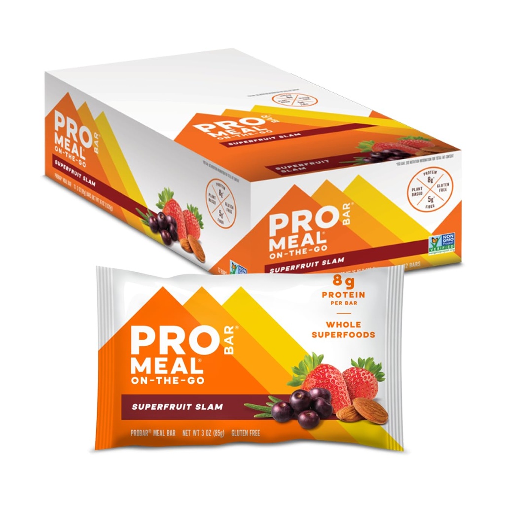 PROBAR - MEAL Bar, Superfruit Slam, Non-GMO, Gluten-Free, Sanatos, Plant-Based, Ingrediente alimentare, Energie Naturala (12 Conte)