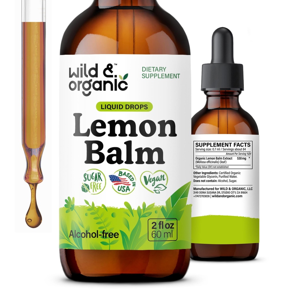Lămâie sălbatică și organică Balsam picături - Relaxare Lemon Balm Supliment de extract de frunze - Calmant Melissa Officinalis Tincture - Vegan, Zahăr și alcool-Free - 2 fl oz