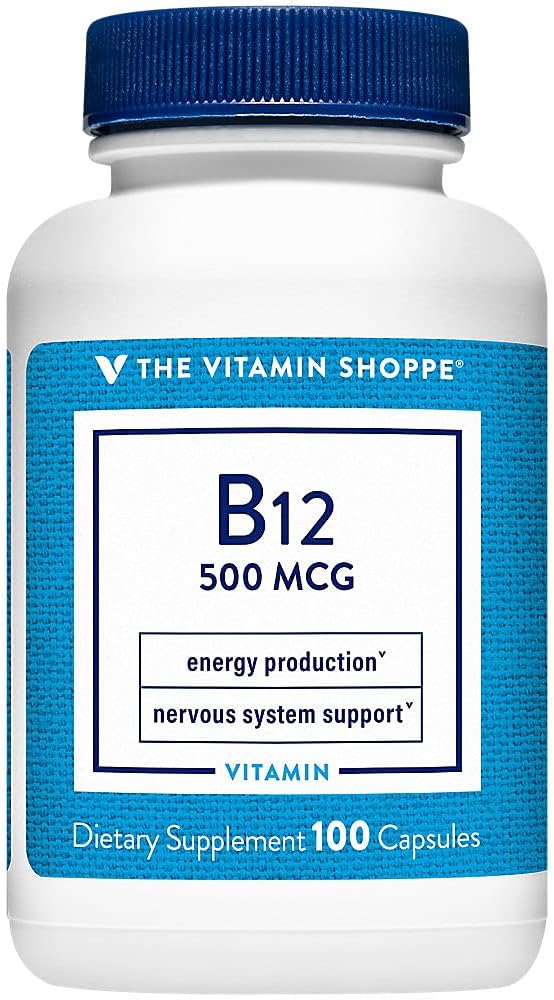 Vitamina Shoppe B12 500mcg - susține producția de energie, o dată pe zi supliment alimentar - vitamina B-12 (Ca Cyanocobalamină), Gluten & lactate gratuit (100 capsule)