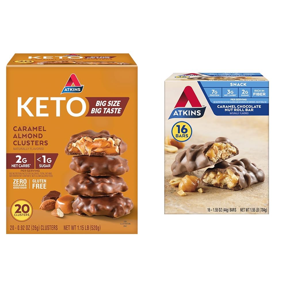 Atkins Caramel Almond Clusters, Gluten Free, High in Fiber, 1g Sugar, 2g Net Carb, Keto Friendly, 20 Conte & Caramel Chocolate Nut Roll Snack Bar, Proteine Snack, High in Fiber, 2g Sugar, 16 Conte