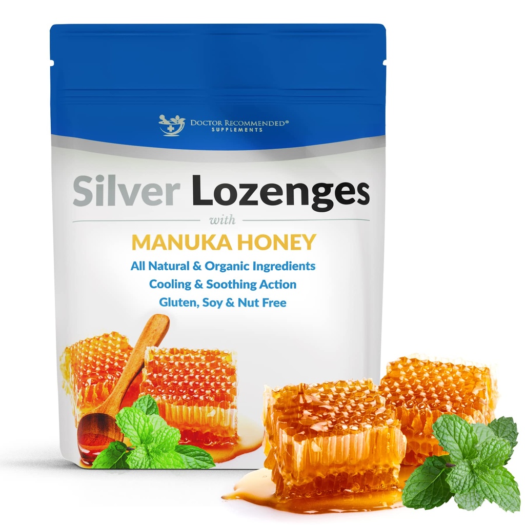 Silver Lozenges with Organic Manuka Honey and Vitamin C - All-Nano Silver 45-50mcg of 60 PPM Silver Mineral drops to Support Immune System, Soothe, Cool Cough & Throat, 24-Lozens
