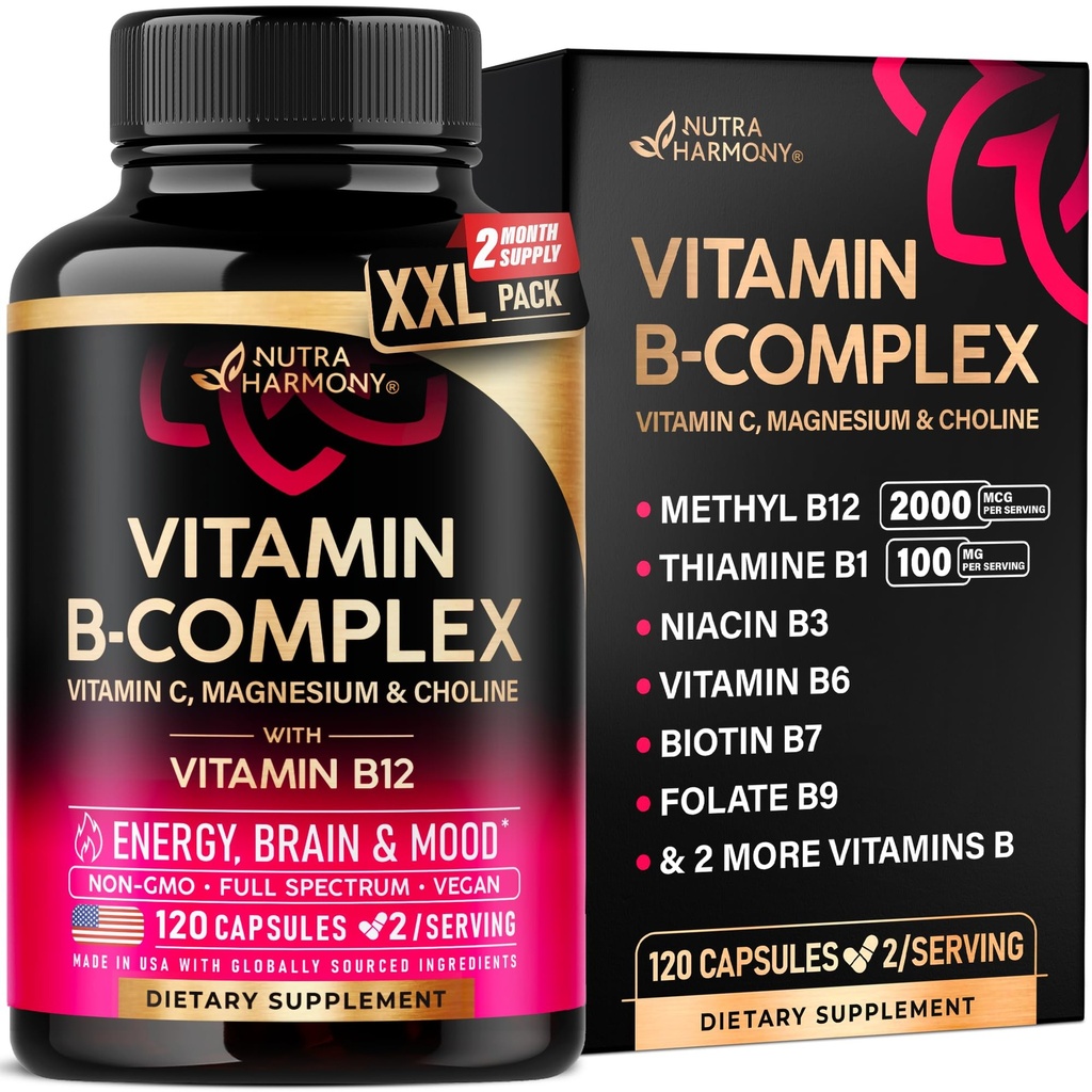 Complex de vitamina B pentru bărbaţi şi femei - Made in USA - B-complex: B1, B2, B3, B5, B6, B7, B8, B9, B12 cu vitamina C, Choline, Inositol - Energie, Brain & Heart Supplement, 120 Vegan Capsule
