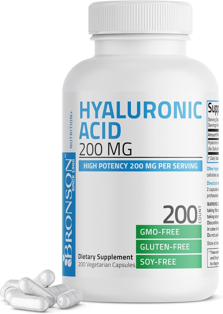 Bronson Acid hialuronic 200 MG High Potentity Joint Health & Healthy Skin Support, Non-GMO, 200 Capsule vegetariene