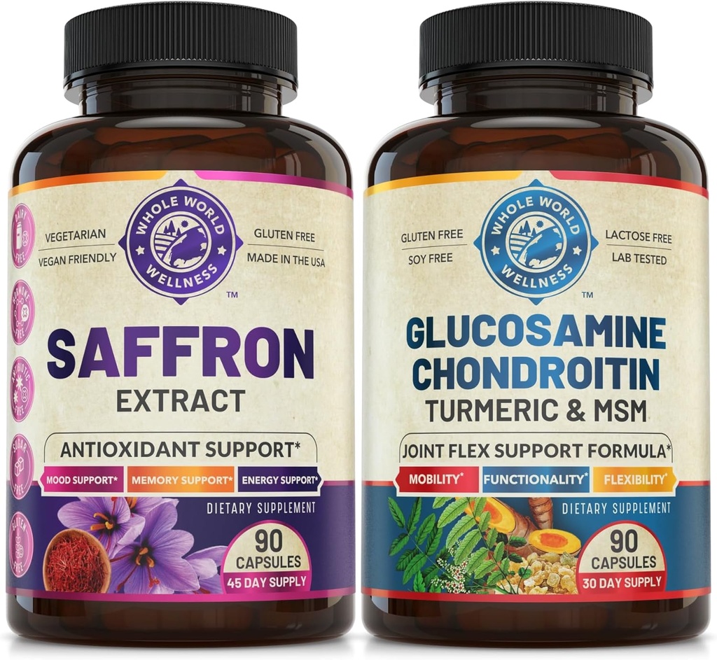 Extract de șofran pur și suport comun avansat Bundle (O sticlă fiecare). Susţine starea de spirit, creşterea energiei, funcţia metabolică şi sănătatea comună. USA Made.