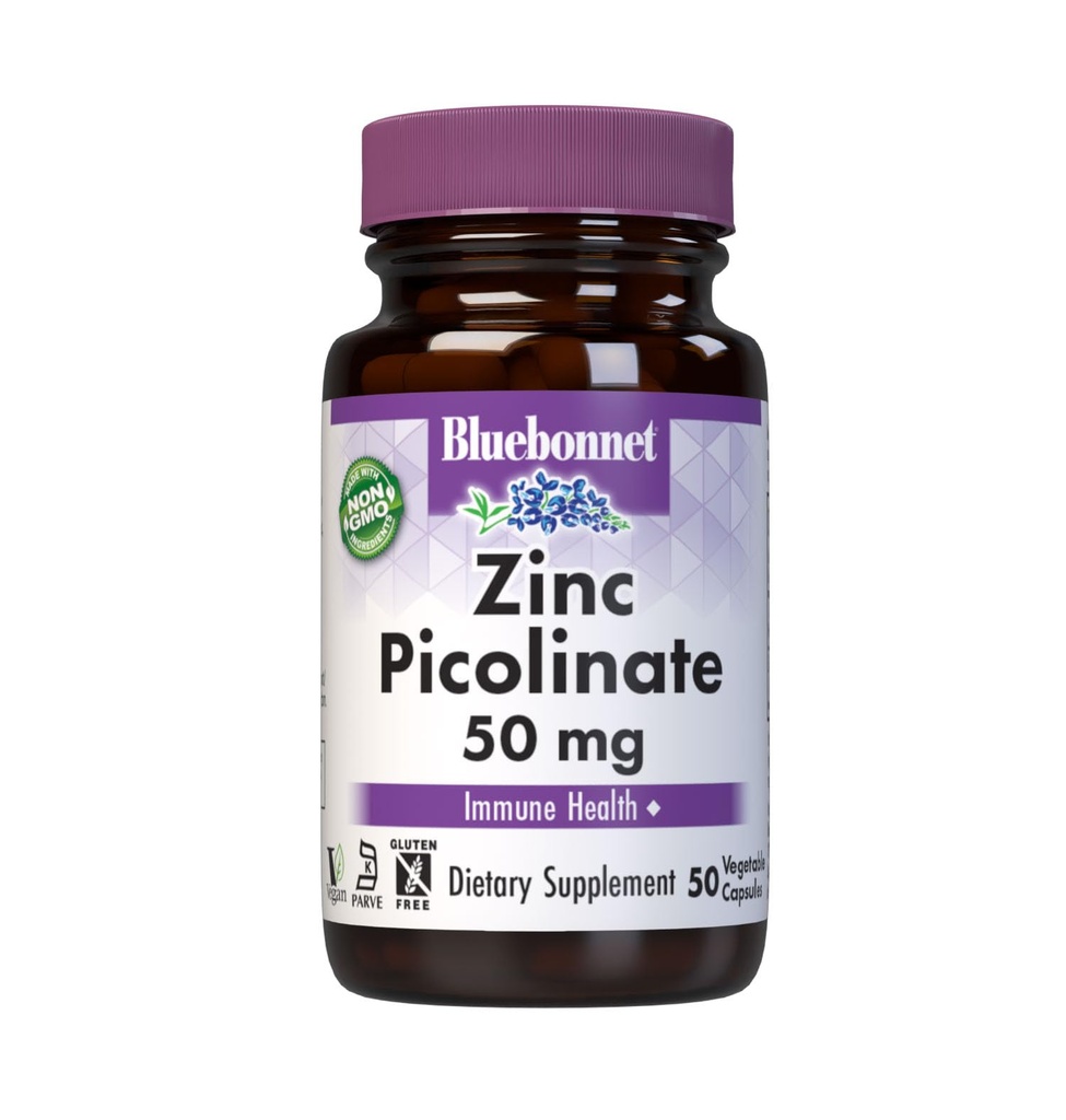 Bluebonnet Nutrition Zinc Picolinat, Hormonal & Immune, Prostate Health, Skin, Vegan, Non OMG, Gluten, Soy & Milk Free, Kosher, White, 50 Count