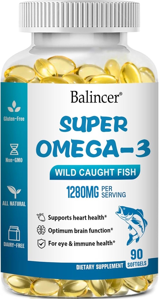 Omega 3 Suplimente de ulei de pește, 1280 mg Omega-3 Acidi grasi Inclusiv EPA și DHA, suplimente de ulei de pește sălbatic-capturat Burpless sprijină inima, creier și sănătatea ochilor, 90 Softgels