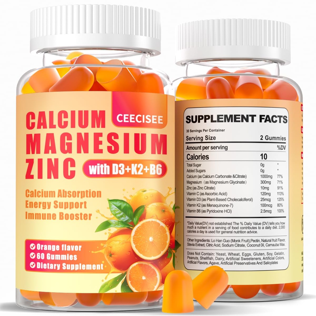 Gume de zinc de calciu magneziu cu D3 &B6 &K2,1000mg Gume de calciu cu 300mg de suport de magneziu Energie imună pentru adulți și adolescenți,Sugar gratuit (120Count)