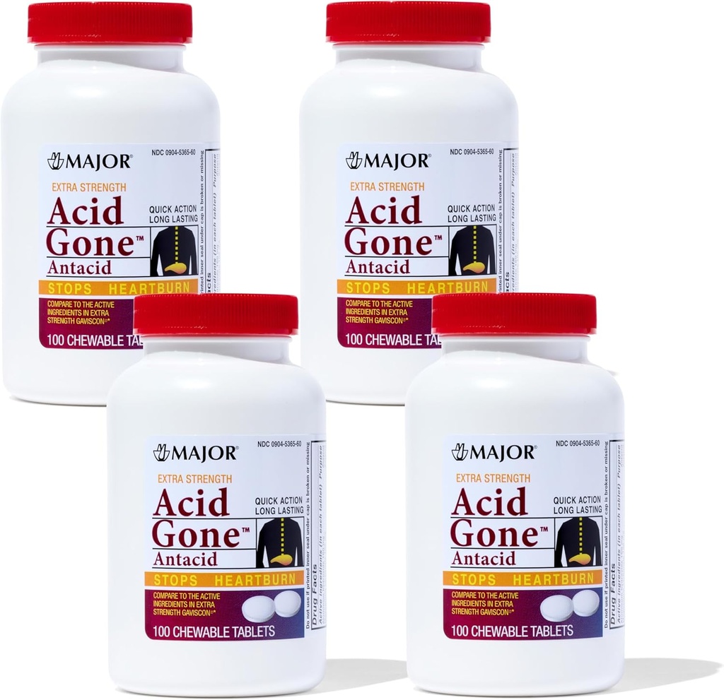 Acid major Gone extra Putere Antiacid Tablete masticabile - Relief anti-acid - Acid Reflux Medicina pentru adulți - Supărat Stomac, Acid Indigestie, și Arsuri la stomac - Lung Lastting - 100-Count (4 Pachet)