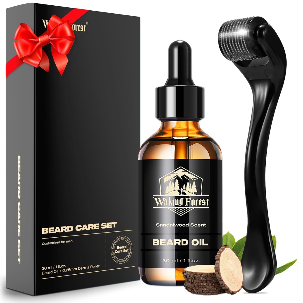 Waking Forest Derma Roller 0.25mm & Beard Oil (1oz), Sandalwood Beard Kit, Microneedle Beard Roller cu 540 Titanium, naturale hidrata cu vitamina E Beard ulei pentru barbati, tati Prietenul tata