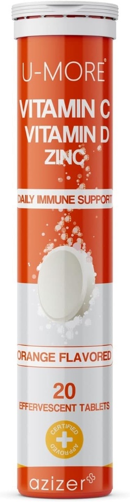 U-MORE Vitamina C 1000mg & Zinc + vitamina D, 20 comprimate efervescente, aroma portocalie, supliment de sprijin imun, dissolvire rapidă, boost-uri Sistemul imunitar, sprijină sănătos piele, păr, și unghii