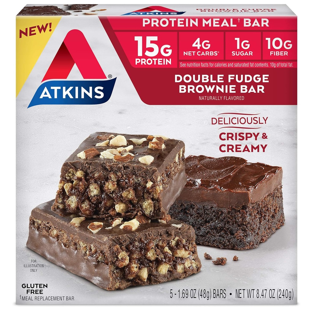 Atkins Double Fudge Brownie Protein Meal Bar, High Fiber, 15g Proteine, 1g Zahăr, 4g Net Carb, Mese de înlocuire, Keto Friendly