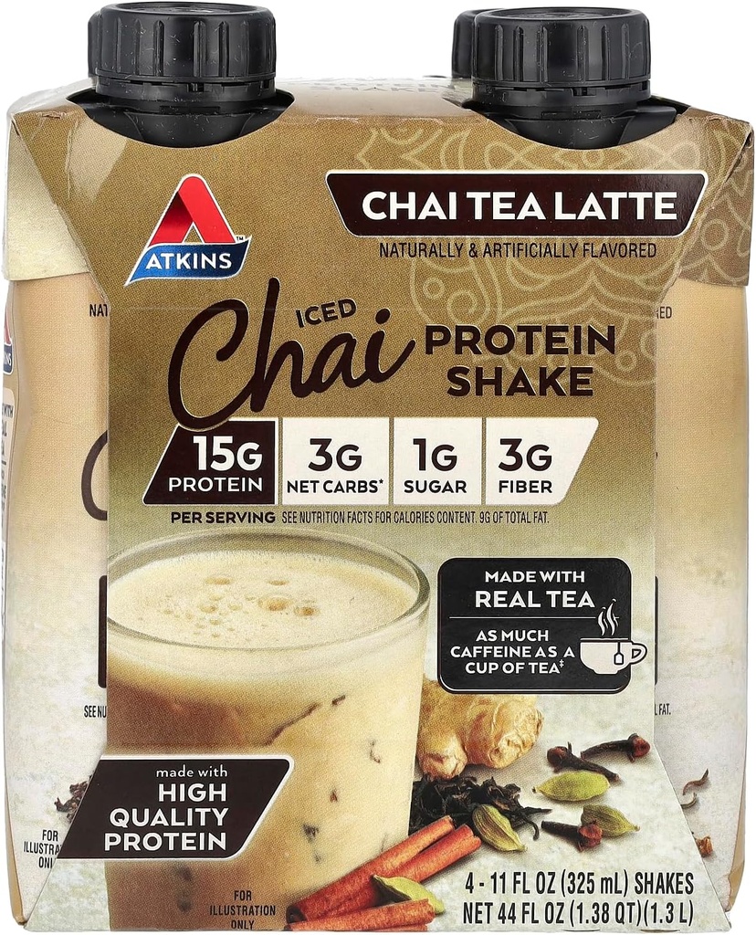Atkins Iced Chai Tea Latte Proteine-Rich Shake, Keto Friendly și Gluten Free. (4 Shakes)