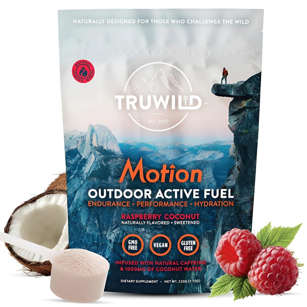 Truwild Motion All Natural Pre Workout Powder Drink Mix for Men & Women with No Jitters or Crash, Whole Food Plant Based Vegan, Organic with Electrolytes + BioPerine, 20 Servings (Coconut Raspberry)