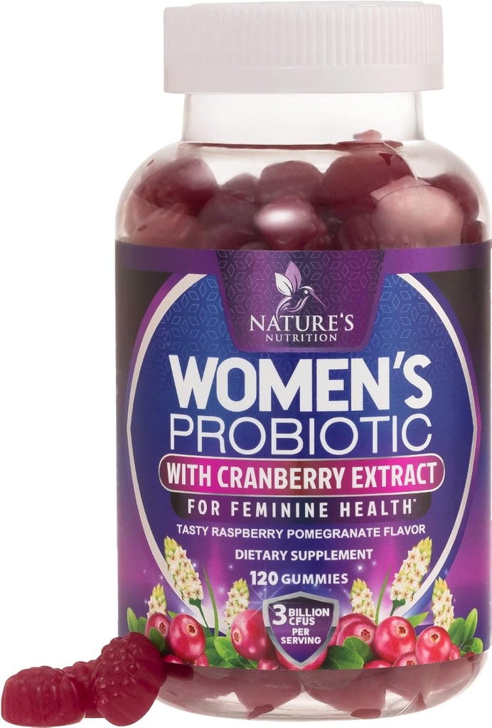 Probiotice pentru femei Gummies cu cranberry - 6 strine premium pentru PH echilibru, Digestive Health, Vaginal & Immune Support, 3 Miliarde CFU, Femei Probiotic Gummy pentru sanatate feminina - 120 Gume