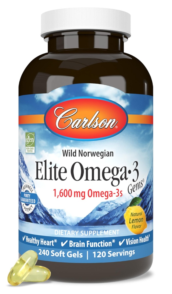 Carlson Elite Omega-3 Gems, 1600 mg Omega-3 cu EPA & DHA, Lemon Flavor, 240 Softgels 