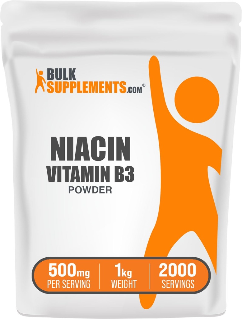 BulkSupplements.com Niacin Powder - Vitamina B3 Supliment, Niacin 500mg - Niacin Flush, Niacin cu Flushing - Gluten Free, 500mg Niacin per Serving, 5kg (11 lbs) (Pachet de 5)