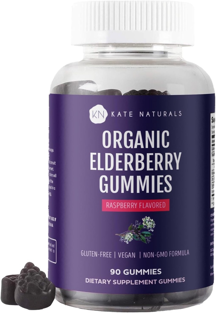Kate Naturals Elderberry Gummies cu vitamina C și zinc pentru adulți și copii. Gume gustoase de soc de afine pentru suport imunitar (90 gume, 45 de zile de aprovizionare, organice)