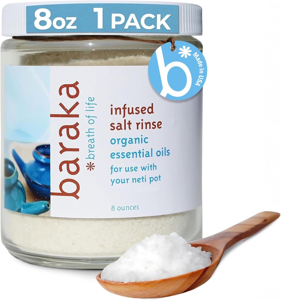 Baraka Infuzed Sea Salt Neti Pot - Sinus Rinse & Nose Cleaner, Essential Oil Infuzat cu Virginia Cedarwood, Palmarosa, Green Myrtle, Fir Balsam & Rosemary, 8 oz (1 Pack)