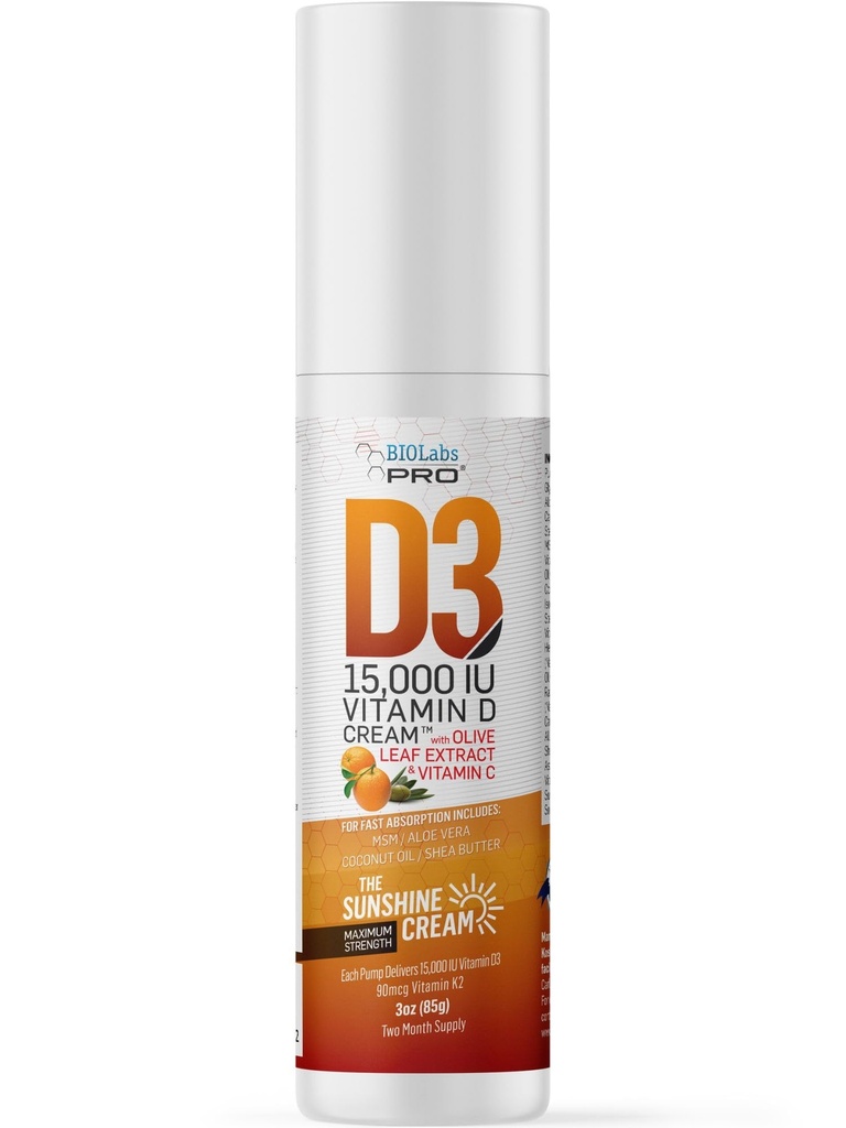 BIOLABS PRO Toate naturale Vitamina D3 15000UI Vitamina D Cream - Rezistenta maxima - Lupta vitamina D Deficit natural - cu vitamina K2 si extract de frunze de masline - Sigur si eficient (15.000UI - 3.0oz)
