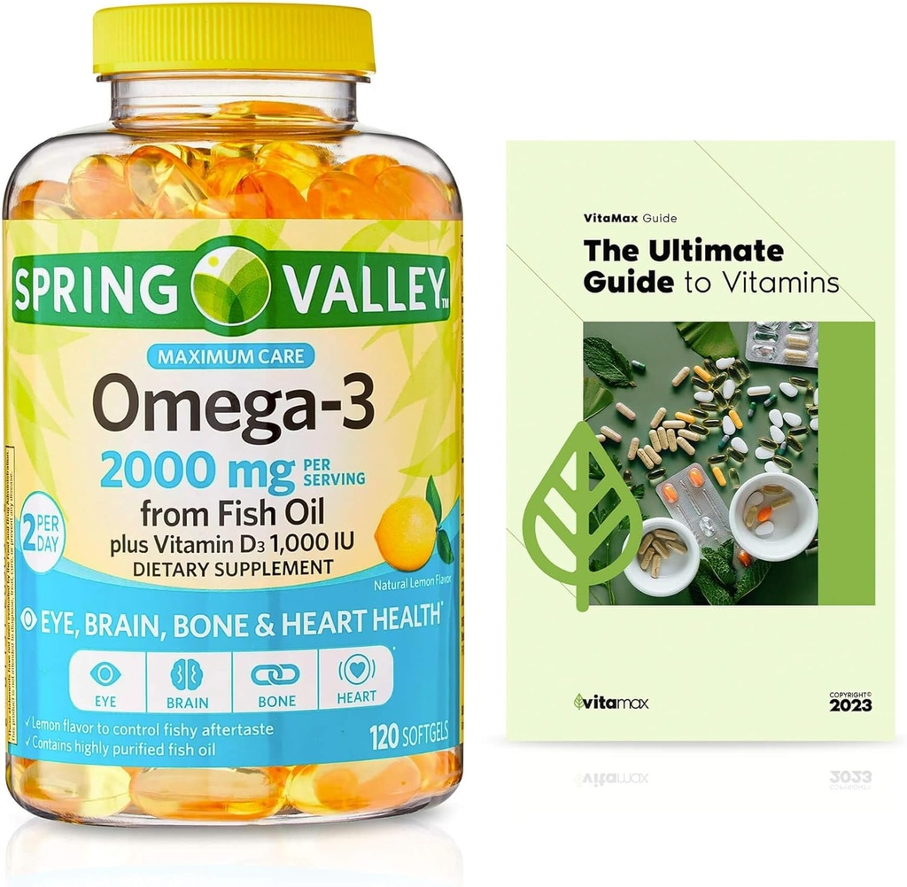 Spring Valley Omega-3 din ulei de pește 2000 mg, Îngrijire maximă, 120 Conte + Exclusiv VitaMax Vitamina Ghid (2 elemente)