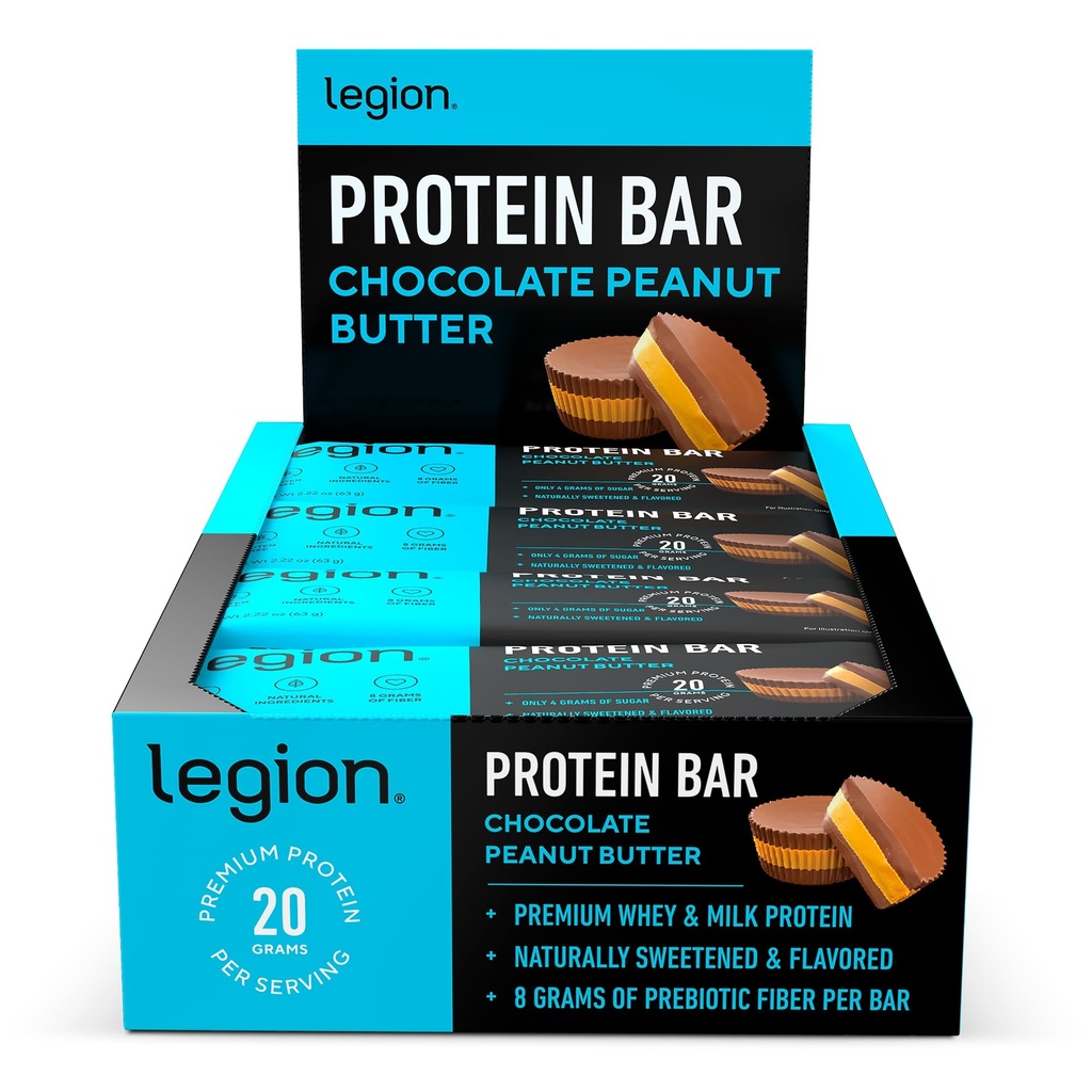 Legion Proteine Bar Unt de arahide ciocolata -100% Proteina Whey, Baruri coapte cu fibre prebiotice - Proteină mare (20g) Fat scăzut (12g) Zahăr scăzut (4g), Nu soia, Gluten - arome naturale (12 Conte)