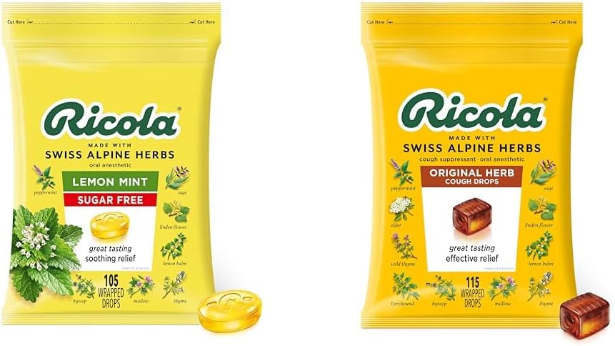 Ricola Sugar Free Lemon Mint Herbal Tuse Stropi de gât, 105ct Bag & Original Natural Herb Cough Drops, 115 Conte, Tuse Suppressant & Throat Relieving Drops