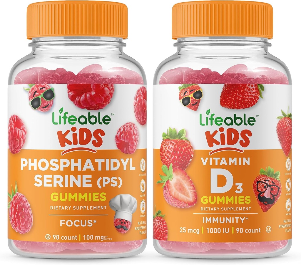 Fosfatidilserină (PS) Lifeable Kids + Vitamina D Copii, Gume Bundle - mare Tasting, Supliment de vitamine, Gluten gratuit, OMG-uri gratuit, Gummy Chembable