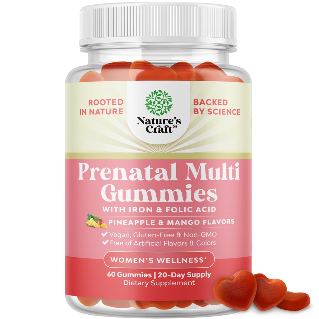 Gume prenatale Vegane pentru femei - Vitamine prenatale gumoase pentru femei cu acid folic de fier și amestec de fructe Super - Vitamine masticabile Gummy Formula (Pineapple Mango) Dimensiune proces