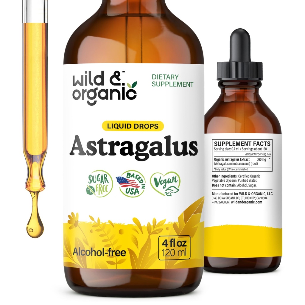 Astragalus tinctură sălbatică și organică - Supliment de sprijin imun w/Astragalus extract rădăcină - Tinctură Vegană pentru imunitate - Drops fără zahăr și alcool - 4 fl oz